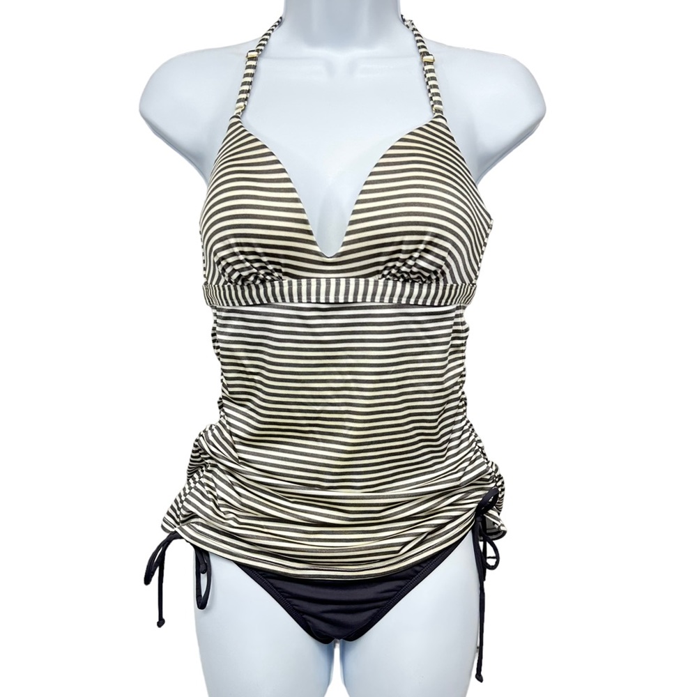 ATHLETA Tankini Bikini 2 Piece Size Small Gray White Stripe No Underwire